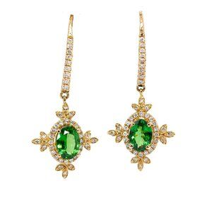 Rare Tsavorite Garnet Earrings with Natural Diamonds in Solid 14K Gold